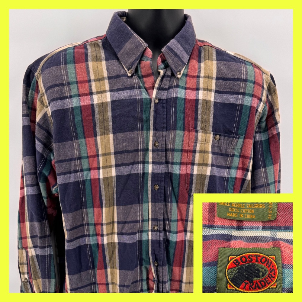 Boston Traders Plaid Flannel Button Up Shirt Men L‎ Long Sleeve Cotton Casual